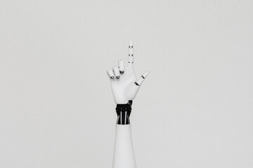 Poster - Robotic Hand Pointing Upward: A close-up shot of a sleek, white robotic hand gesturing upward, symbolizing innovation, progress, and futuristic technology.