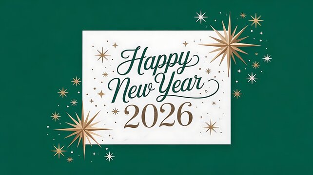 2026 Happy New Year Background Design. Greeting Card, Banner, Poster. Vector Illustration, A black and gold 2026 Happy New Year text with sparkling stars on white background,cretaed with generative ai