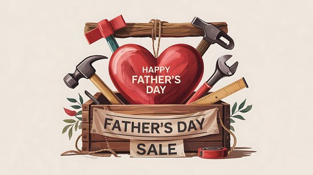 Father's Day card with a large hanging red heart, brown realistic decorations, and a box banner that says 'Father's Day Sale', with space for text, created with generative ai