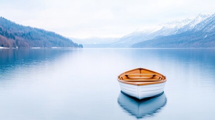 Naklejka na meble Tranquil lake scene with a small boat.  Serene waters reflecting a snowy mountain range