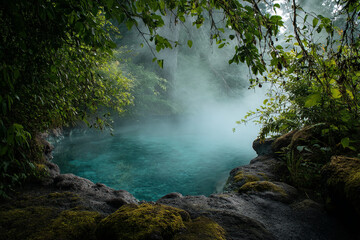 Poster - Misty turquoise pool nestled in lush greenery, showcasing serenity and tranquility of nature, ideal for spa, relaxation, or travel themes