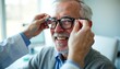 © Viktor - Doctor fits glasses on cheerful, aged male patient during eye exam. Happy senior man trying on new eyeglasses. Vision care pro in optometry clinic adjusts spectacles. Old man eyesight checkup.