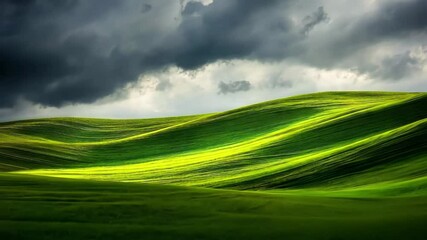 Poster - Vast green wheat field stretches beneath an ethereal horizon with dramatic clouds overhead, Ethereal Horizon: A Vast Green Wheat Field Beneath a Brooding Sky