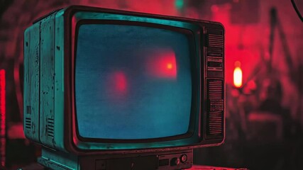 Poster - Old television displaying static and distortion in a dimly lit room with red and blue lighting, television video distortion and static old tv