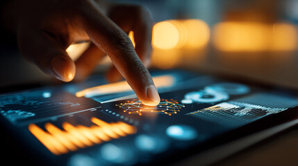 Poster - Close-up of finger interacting with tablet displaying data graphs, showcasing digital technology and data analysis, symbolizing progress, innovation, and modern business
