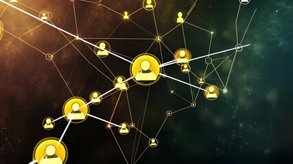 Poster - Network of connections illustrated through glowing people icons representing social interactions and relationships, network of connections with people icons over globe