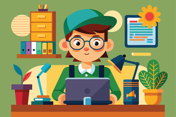Poster - A cheerful student focuses on their laptop while surrounded by vibrant desk items and plants, Working Customizable Cartoon Illustration