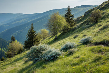 Poster - Green grassy hillside with trees, showcasing a peaceful, natural landscape, ideal for travel or nature-themed concepts