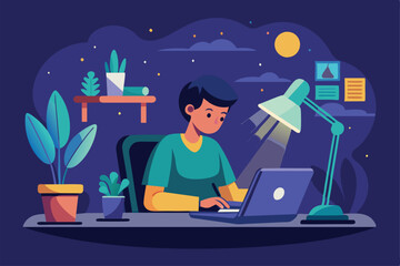 Poster - A focused individual works late at night, illuminated by a desk lamp in a personalized workspace filled with plants, Working late Customizable Semi Flat Illustration