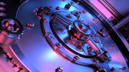 Poster - Abstract Metallic Gear Mechanism Detailed Closeup Pink Blue Neon Light Industrial Technology Background Modern Engineering Design Futuristic Mechanical Parts Precision Components Steel Texture shiny  