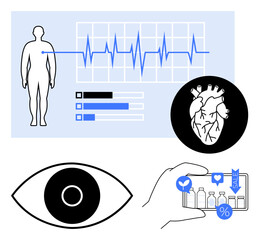 Poster - human body with heart activity monitor, detailed heart diagram, eye icon, and smartphone screen disp