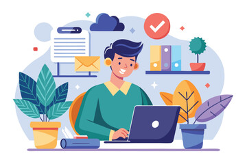 Poster - A young man is engaged in remote work on his laptop, surrounded by vibrant plants and organized stationery, Working remotely Customizable Semi Flat Illustration