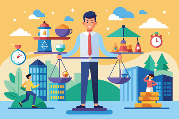 Poster - A person balances work and life with various tools, showcasing harmony in a colorful urban environment, Work life balance Customizable Semi Flat Illustration