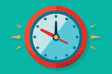 Poster - A vibrant clock features a red border and blue face, displaying the time with bold hands against a teal backdrop, Work on time