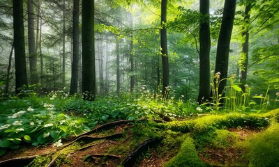 Wall Mural - serene forest with sunlight streaming through dense trees and mossy roots