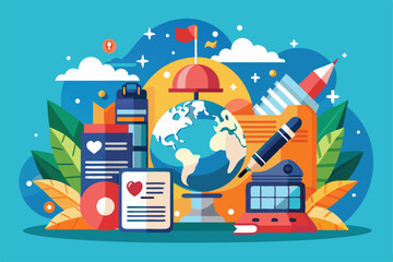 Aufkleber - The illustration showcases symbols of press freedom, including a globe, stationery, and educational materials, World press freedom day Customizable Semi Flat Illustration
