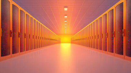 Poster - Secure Data Center with Illuminated Pathway and Server Racks