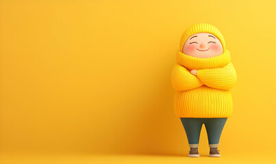 Poster - Cheerful Mascot in Yellow Sweater Against Vibrant Yellow Background