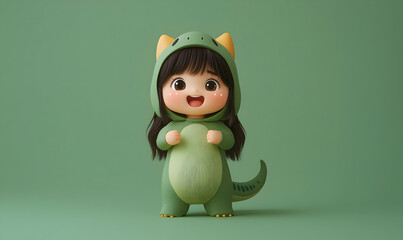 Poster - Cute Minimalist Chibi Child in Dinosaur Costume Smiling Joyfully