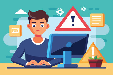 Poster - a young man is focused on his computer screen, worried about online threats and safety, young guy wi
