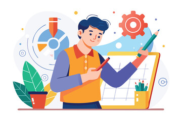 Poster - a young man sketches with a pencil while surrounded by planning tools and a lively workspace, young 