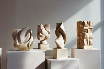 Poster - Abstract sculptures artfully displayed on pedestals in a gallery, bathed in soft natural light
