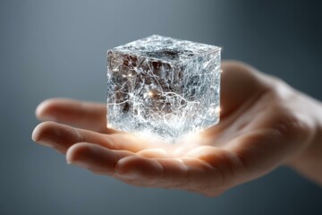 Poster - Hand holding a glowing cube of light, abstract energy concept, crystal structure, ethereal and modern, scientific element in hand