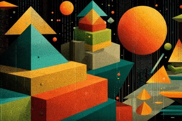 Fototapete - Abstract geometric shapes floating in space, colorful light, pyramids, spheres and cubes