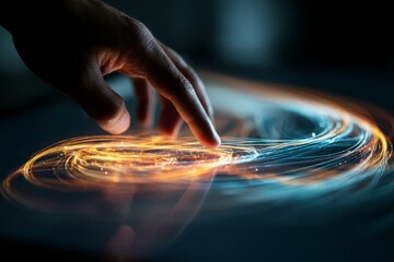 Poster - Hand interacts with bright swirling digital energy on reflective surface symbolizing technology