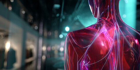 Aufkleber - Red translucent mannequin, glowing lines, blurred background, showcasing product display, modern and stylish, perfect for advertising