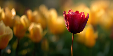 Poster - Single dark-red tulip in focus, surrounded by blurred yellow tulips, conveying elegance and contrast, ideal for spring themes or nature photography