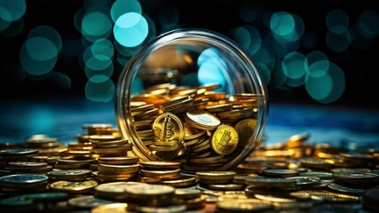 Aufkleber - Golden Treasure Trove: Glimmering gold coins overflow from a transparent jar, spilling onto a surface of prosperity and wealth in this enticing macro shot.