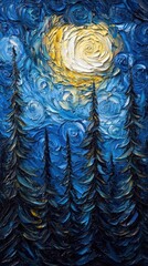 textured nocturnal landscape, celestial swirls above silhouetted pines