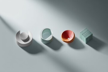 Poster - Minimalistic arrangement of geometric shapes cast soft shadows, creating a modern, abstract aesthetic on a light gray surface