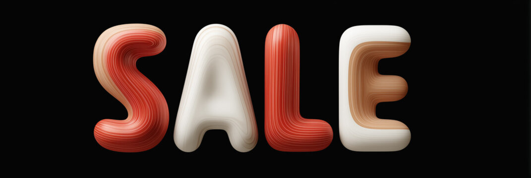 Bold 3D rendered text spelling out 'SALE' in striking red and white colors, set against a stark black background. Perfect for grabbing attention and promoting discounts or special offers