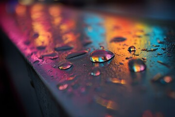 Poster - Close-up of Colorful Raindrops on a Metallic Surface Reflecting Neon Lights, Creating an Abstract and Wet Texture