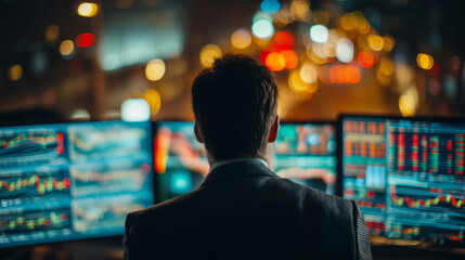 Poster - Back view of businessman at night, looking at multiple screens displaying stock market data, city lights blurred in background, showcasing late-night work and financial analysis