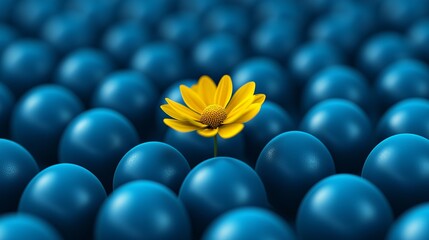 Poster - Unique Yellow Flower Among Blue Spheres Abstract Background Digital Art Modern Design Illustration Graphic Resource for Web Design and Print Projects Business Branding Concept Stand Out Creative      
