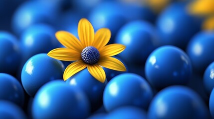Poster - Vibrant Yellow Flower on Blue Spheres Abstract Background Digital Art Modern Design Creative Illustration Graphic Resource for Web Banner Wallpaper Poster Print Design Template bold image photo style 