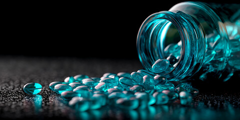 Aufkleber - Teal capsules spill from a glass bottle onto a dark surface, creating a vibrant, reflective scene.  The image showcases health, wellness, or pharmaceutical concepts