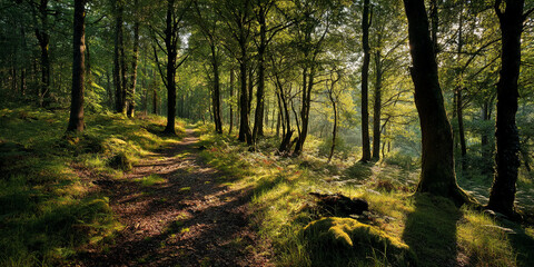 Poster - Sunlit forest path, winding through lush green foliage and tall trees, casting dappled shadows, showcasing tranquility and natural beauty, ideal for nature or travel themes