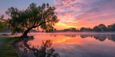 Poster - Sunrise over calm lake, weeping willow tree silhouetted, reflecting in tranquil water, soft orange and pink hues, peaceful and serene atmosphere