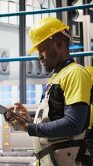 Poster - vertical video smart factory expert uses tablet to implement automated workflows and control systems