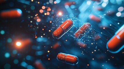 Poster - abstract red capsules futuristic technology medical science digital art background illustration phar