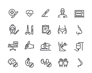 surgery related line icons set. simple symbols with scalpel, anesthesia, plastic surgery, doctor and