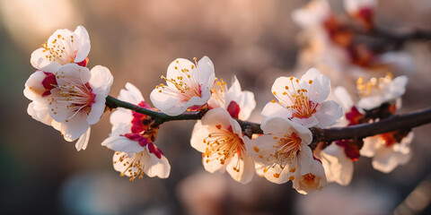 Poster - Close-up of delicate white apricot blossoms with red centers, illuminated by soft sunlight, conveying spring, freshness, and new beginnings