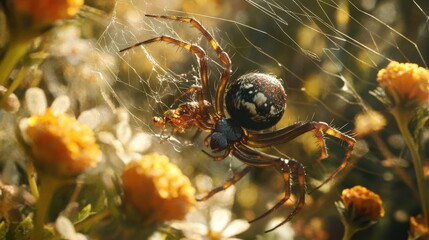 Wall Mural - A spider with a captured insect on its web in a garden setting.