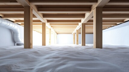 Poster - modern minimalist architecture interior design wooden beams light white fabric floor spacious room b