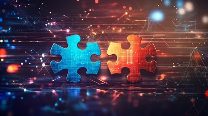 Poster - abstract puzzle pieces digital technology network connection innovation solution concept blue orange