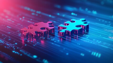 Poster - abstract digital puzzle pieces neon glow futuristic technology concept innovative solution problem s